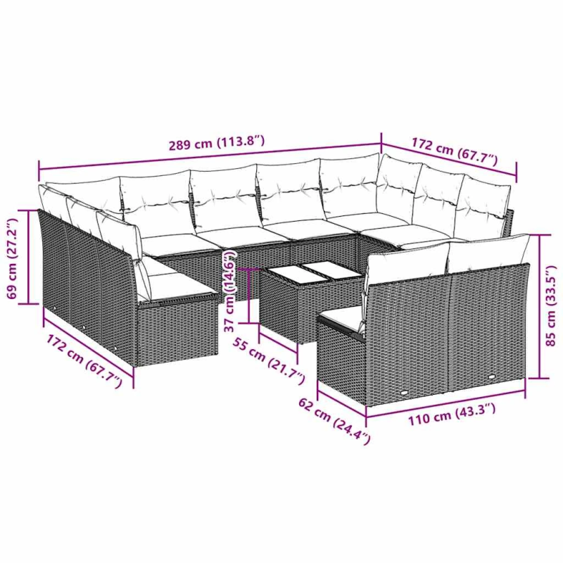 vidaXL 12-daļīgs dārza dīvāna komplekts ar matračiem, pelēka PE pinums