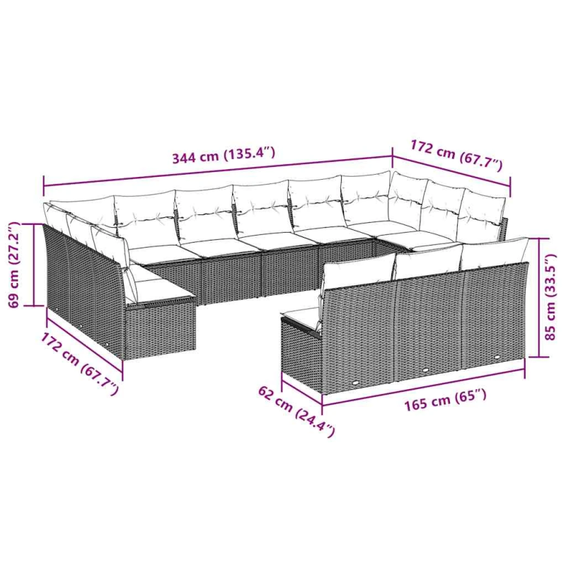 vidaXL 13-daļīgs dārza dīvānu komplekts, matrači, brūna PE rotangpalma