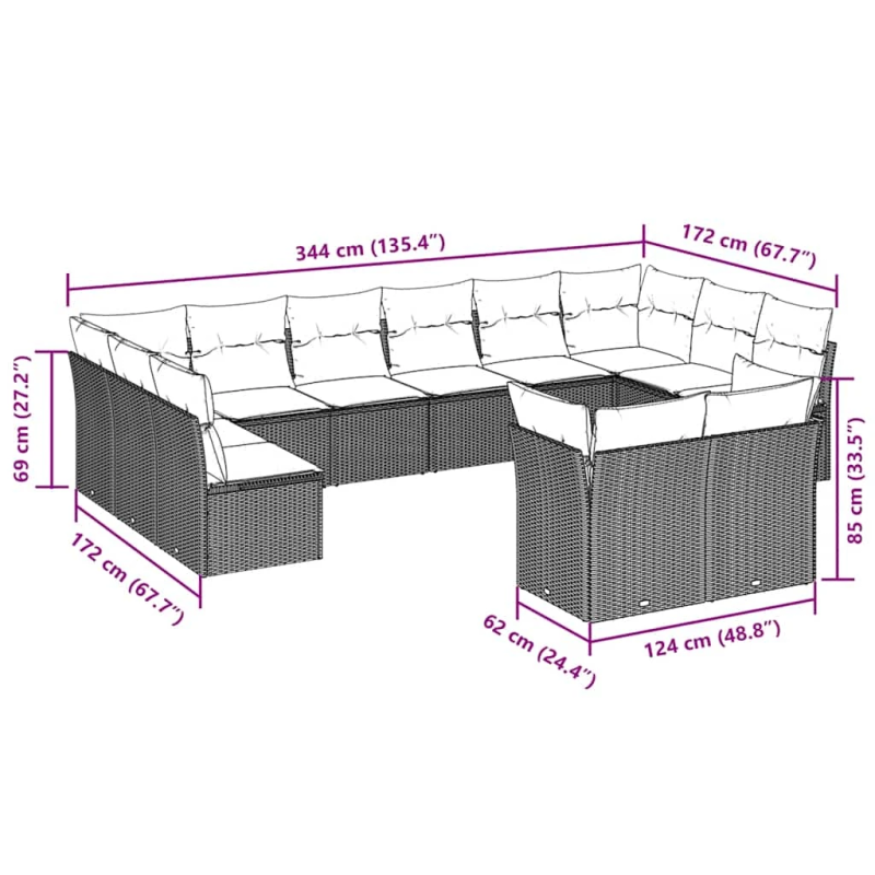 vidaXL 12-daļīgs dārza dīvāna komplekts ar matračiem, pelēka PE pinums