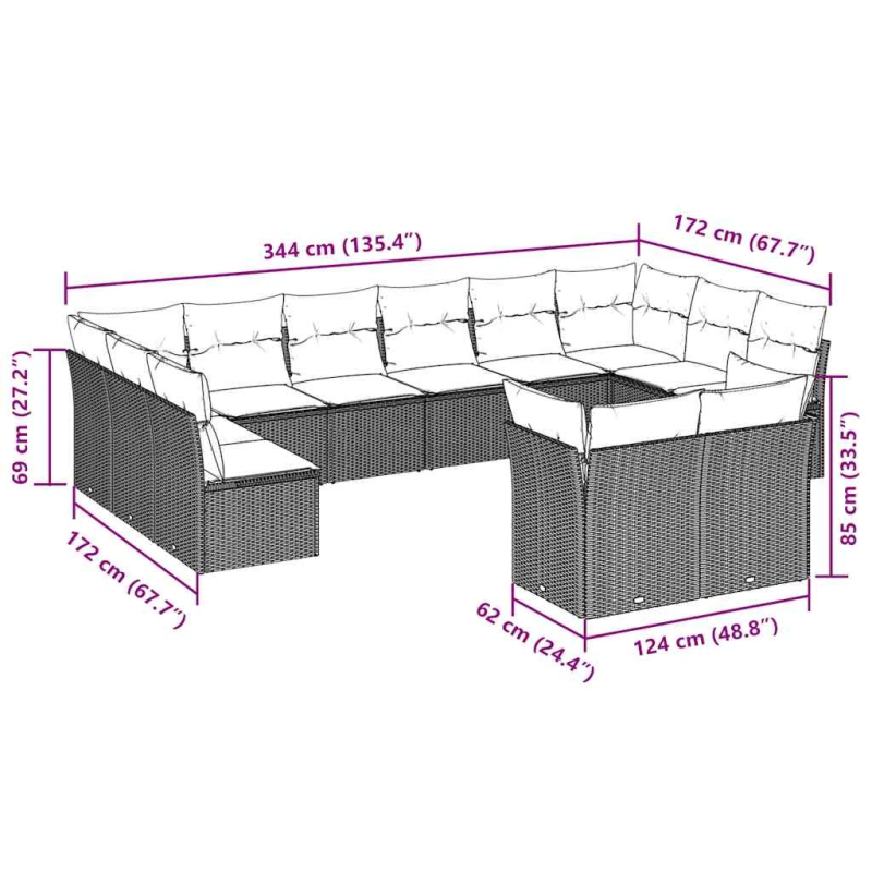 vidaXL 12-daļīgs dārza dīvāna komplekts, matrači, brūna PE rotangpalma