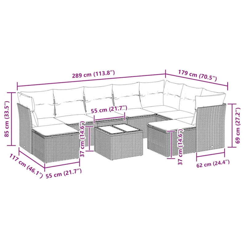 vidaXL 10-daļīgs dārza dīvāna komplekts, matrači, melna PE rotangpalma