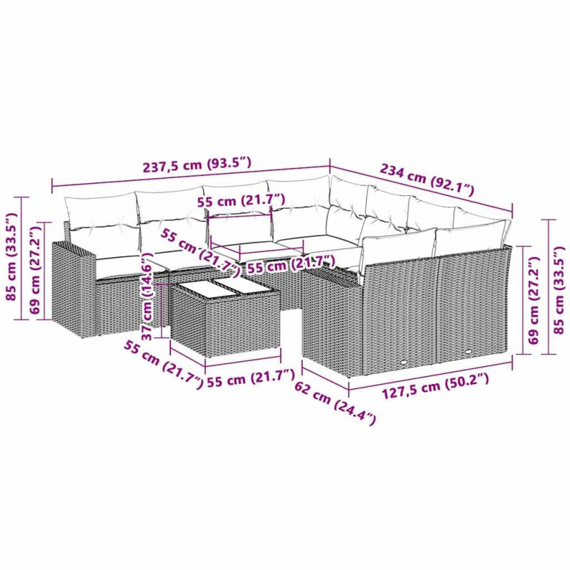 vidaXL 3-daļīgs dārza dīvāna komplekts ar matračiem, pelēks PE pinums