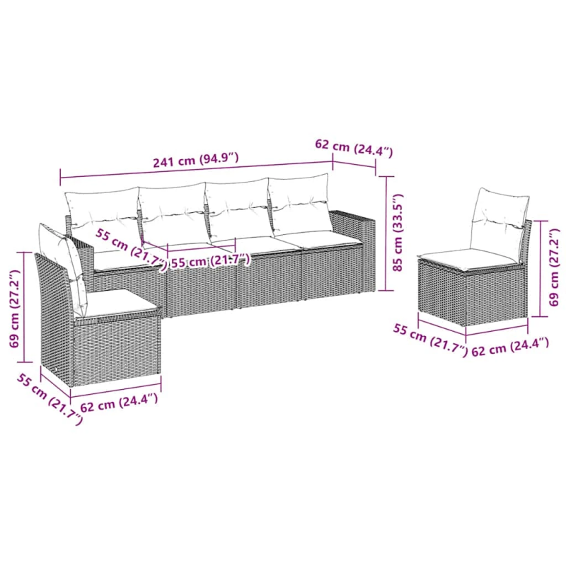 vidaXL 6-daļīgs dārza dīvānu komplekts, matrači, brūna PE rotangpalma