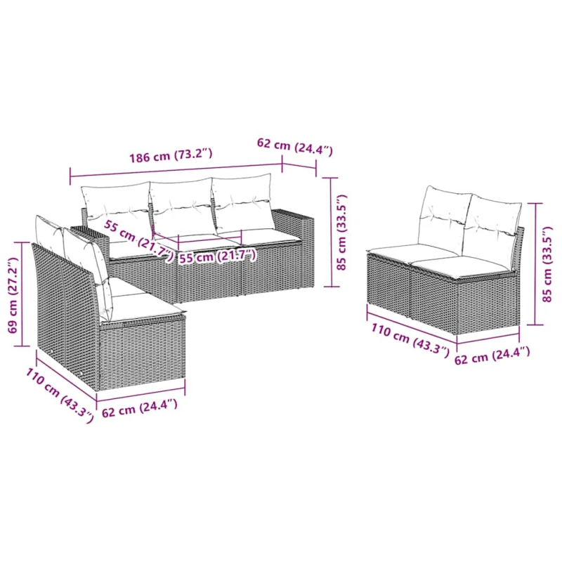 vidaXL 7-daļīgs dārza dīvānu komplekts, matrači, brūna PE rotangpalma