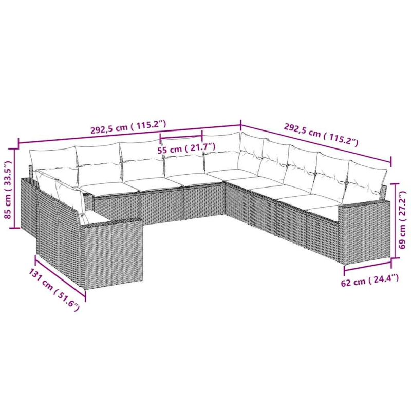 vidaXL 11-daļīgs dārza dīvāna komplekts ar matračiem, pelēka PE pinums