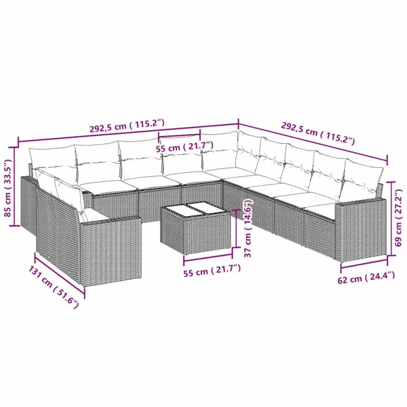 vidaXL 12-daļīgs dārza dīvāna komplekts ar matračiem, pelēka PE pinums