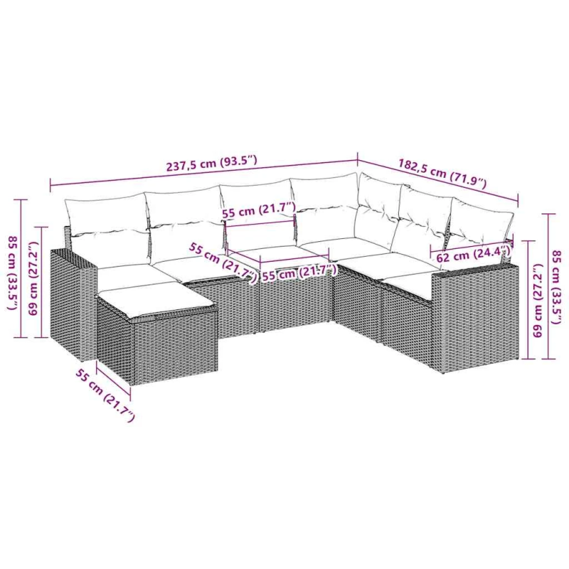 vidaXL 7-daļīgs dārza dīvānu komplekts, matrači, brūna PE rotangpalma