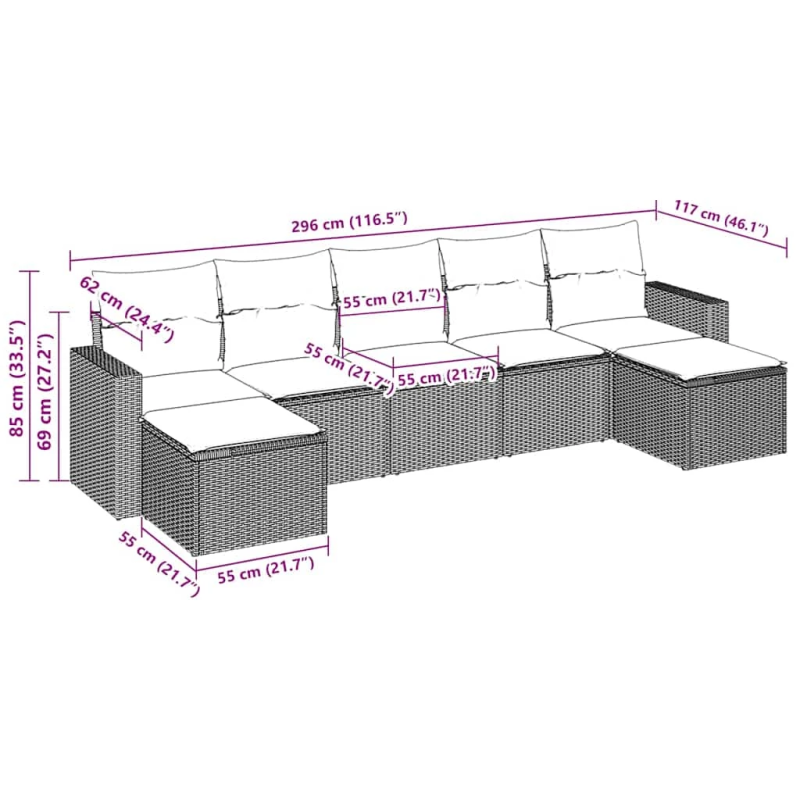 vidaXL 7-daļīgs dārza dīvānu komplekts, matrači, brūna PE rotangpalma