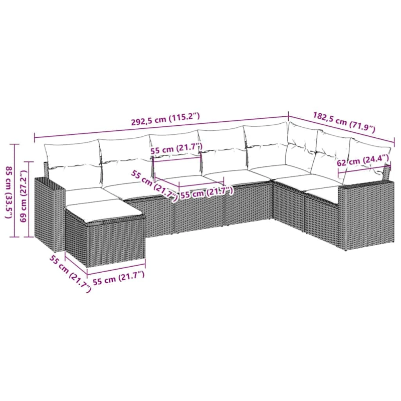 vidaXL 8-daļīgs dārza dīvānu komplekts, matrači, brūna PE rotangpalma