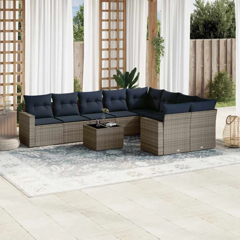 vidaXL 10daļīgs dārza dīvāna komplekts ar matračiem pelēka rotangpalma