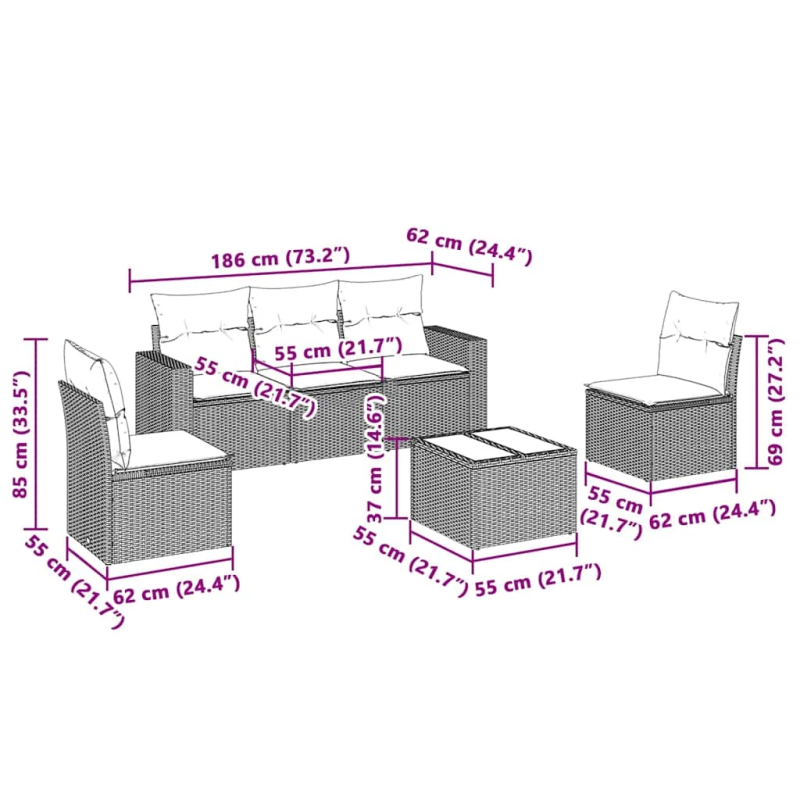 vidaXL 6-daļīgs dārza dīvānu komplekts,matrači, gaiši pelēka PE pinums