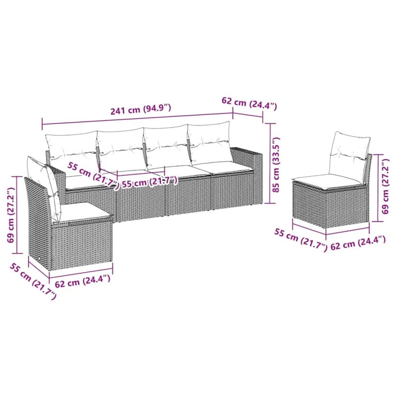 vidaXL Sofos komplektas su pagalvėlėmis, 6 dalių, juodas, poliratanas