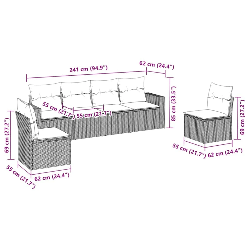 vidaXL 6-daļīgs dārza dīvānu komplekts, matrači, brūna PE rotangpalma