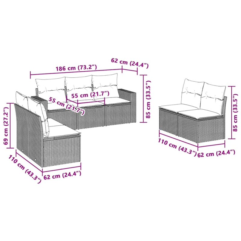 vidaXL 7-daļīgs dārza dīvāna komplekts,matrači, gaiši pelēka PE pinums