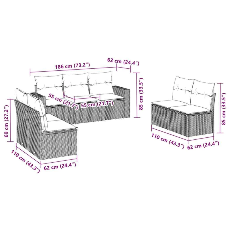 vidaXL 7-daļīgs dārza dīvānu komplekts, matrači, brūna PE rotangpalma