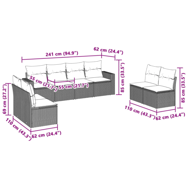 vidaXL 8-daļīgs dārza dīvāna komplekts,matrači, gaiši pelēka PE pinums