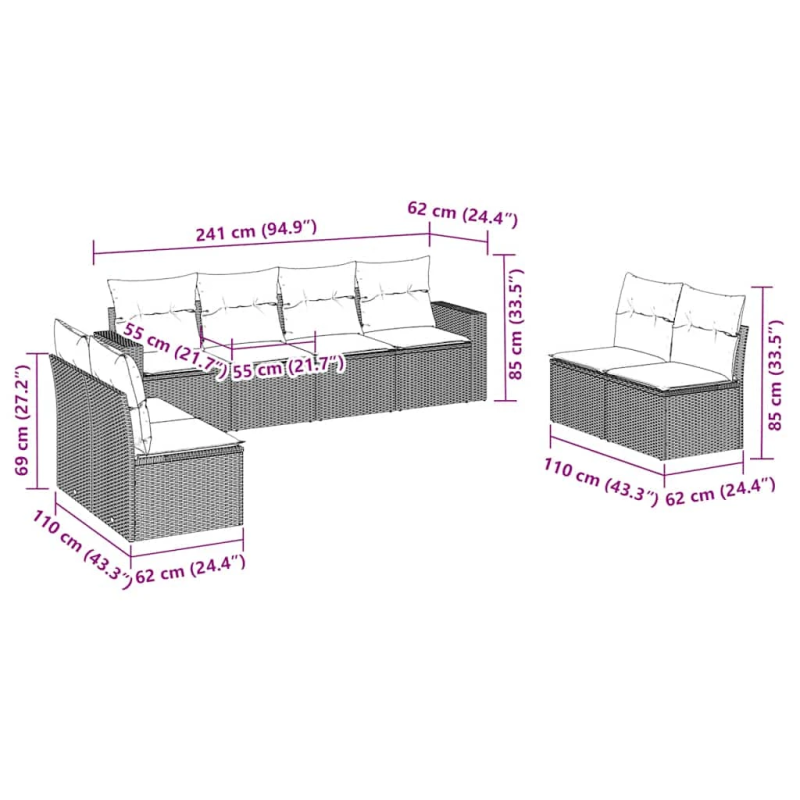 vidaXL 8-daļīgs dārza dīvānu komplekts, matrači, brūna PE rotangpalma