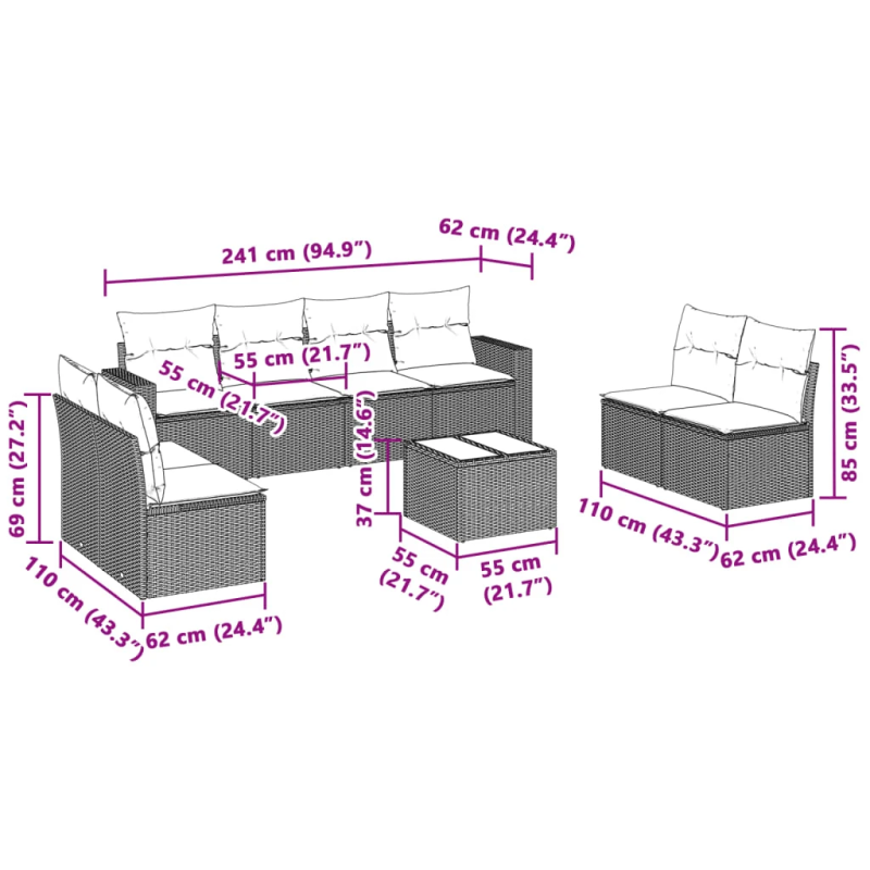 vidaXL 9-daļīgs dārza dīvāna komplekts,matrači, gaiši pelēka PE pinums