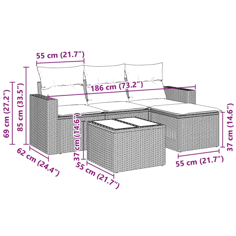 vidaXL 5-daļīgs dārza dīvāna komplekts ar matračiem, PE rotangpalma