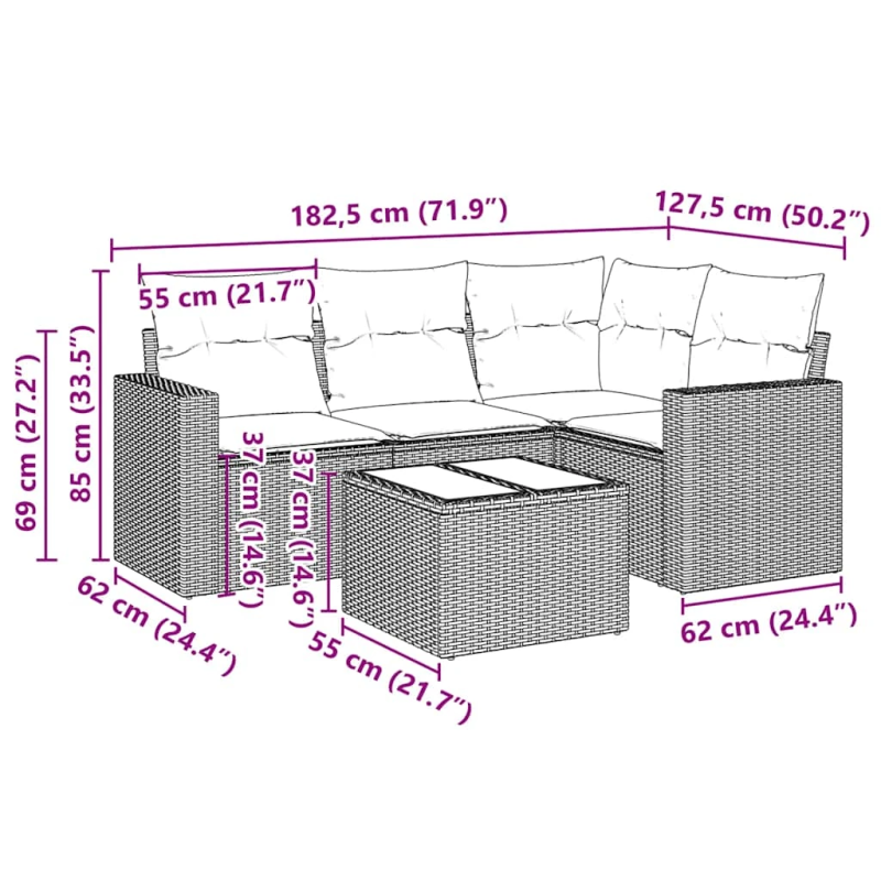 vidaXL 5-daļīgs dārza dīvāna komplekts ar matračiem, PE rotangpalma