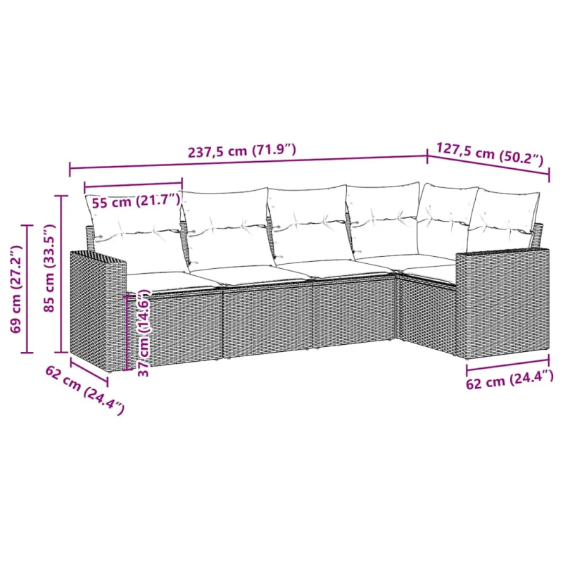 vidaXL 5-daļīgs dārza dīvānu komplekts, matrači, brūna PE rotangpalma