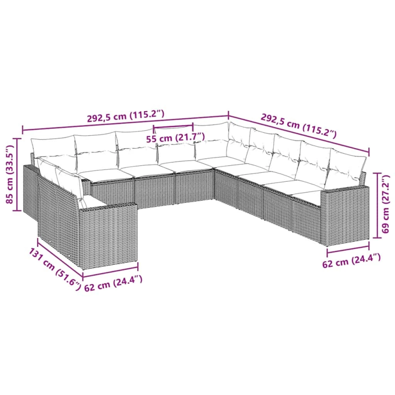vidaXL Sodo komplektas su pagalvėlėmis, 11 dalių, juodas, poliratanas