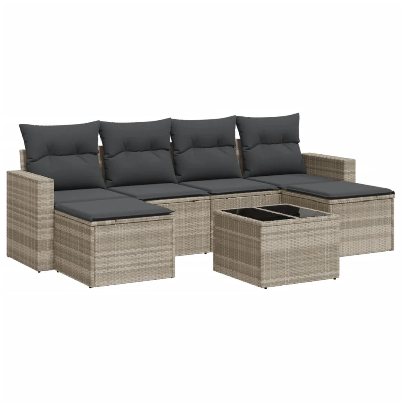 vidaXL 7-daļīgs dārza dīvāna komplekts,matrači, gaiši pelēka PE pinums