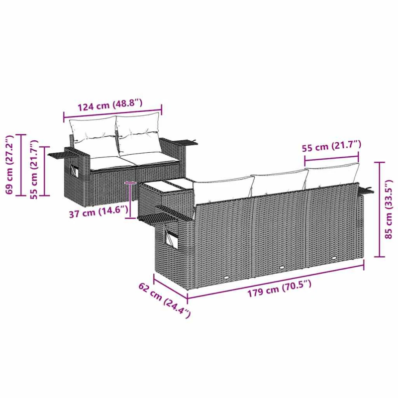 vidaXL 6-daļīgs dārza dīvāna komplekts, matrači, melna PE rotanpalma