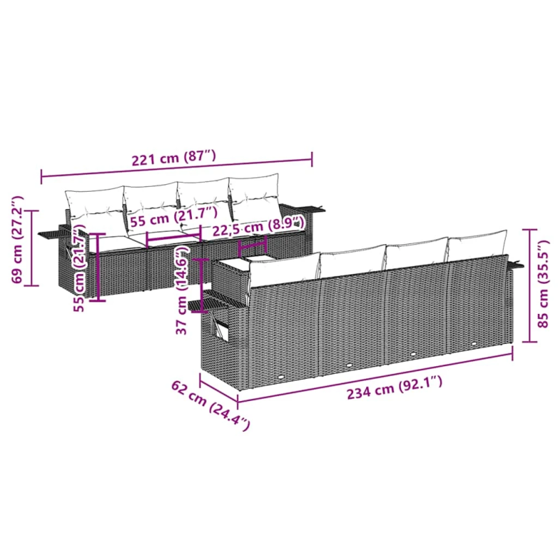 vidaXL 9-daļīgs dārza dīvāna komplekts, matrači, melna PE rotangpalma