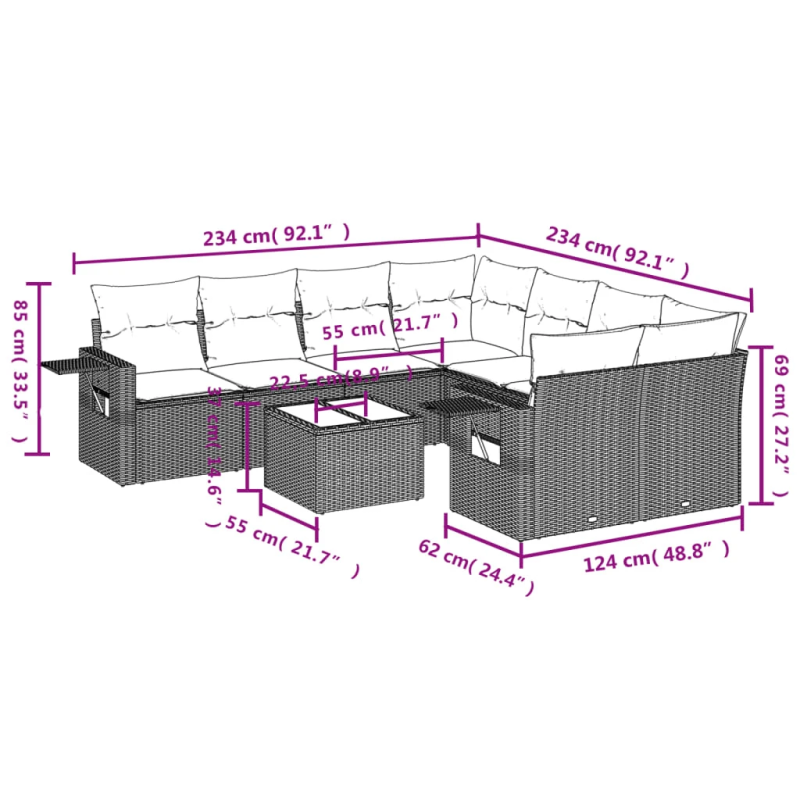 vidaXL 9-daļīgs dārza dīvāna komplekts, matrači, melna PE rotangpalma