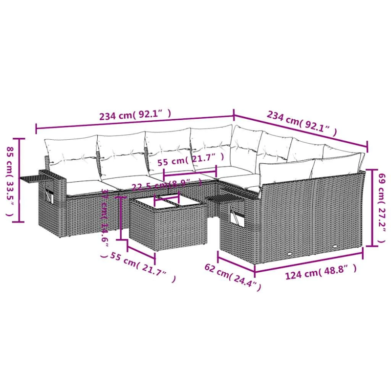 vidaXL 9-daļīgs dārza dīvāna komplekts, matrači, melna PE rotangpalma