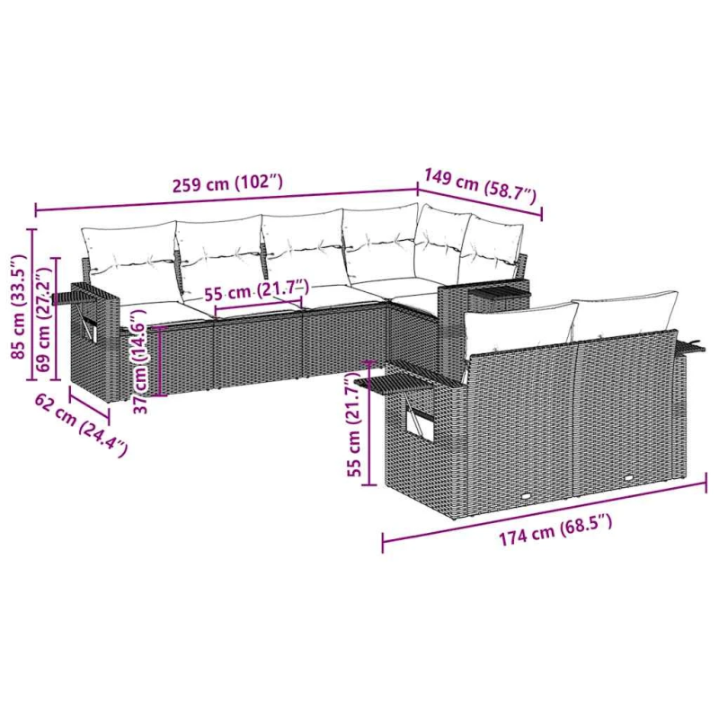 vidaXL 7-daļīgs dārza dīvāna komplekts,matrači, gaiši pelēka PE pinums