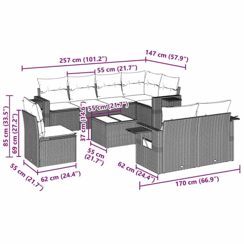 vidaXL 9-daļīgs dārza dīvāna komplekts, matrači, melna PE rotangpalma