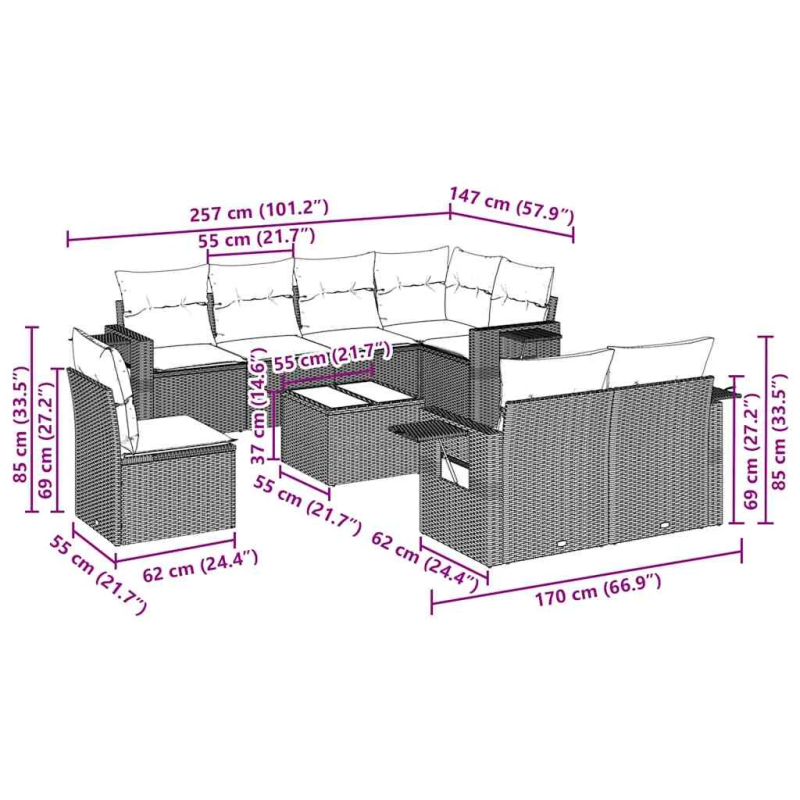 vidaXL 9-daļīgs dārza dīvāna komplekts,matrači, gaiši pelēka PE pinums