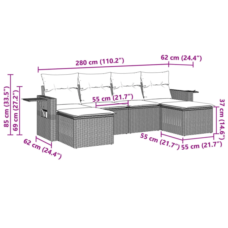 vidaXL Sofos komplektas su pagalvėlėmis, 6 dalių, pilkas, poliratanas