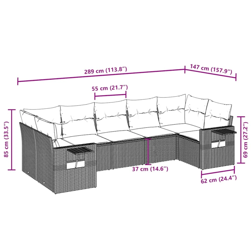 vidaXL 7-daļīgs dārza dīvānu komplekts, matrači, brūna PE rotangpalma