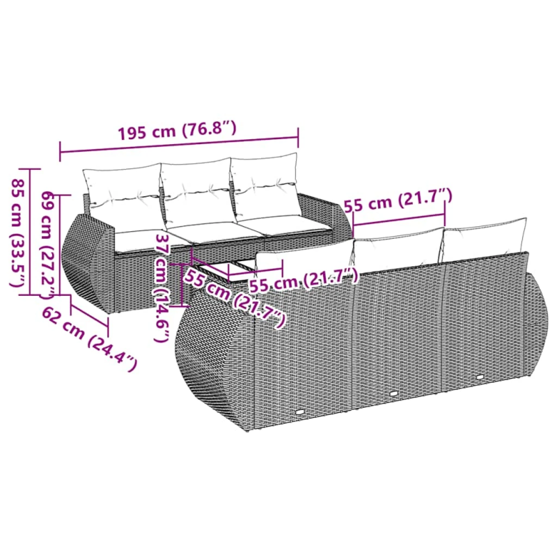 vidaXL 7-daļīgs dārza dīvāna komplekts ar matračiem, melna PE