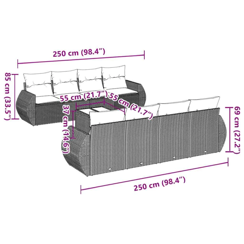 vidaXL 9-daļīgs dārza dīvāna komplekts, matrači, melna PE rotangpalma