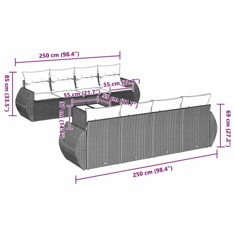 vidaXL 9-daļīgs dārza dīvāna komplekts,matrači, gaiši pelēka PE pinums