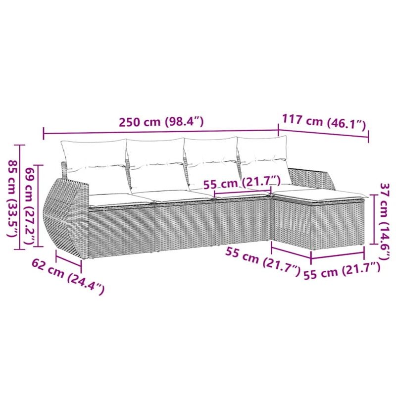 vidaXL 5-daļīgs dārza dīvāna komplekts ar matračiem, PE rotangpalma