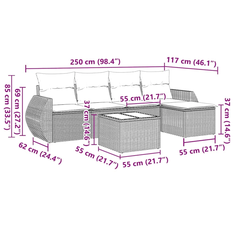vidaXL 6-daļīgs dārza dīvāna komplekts, matrači, melna PE rotanpalma