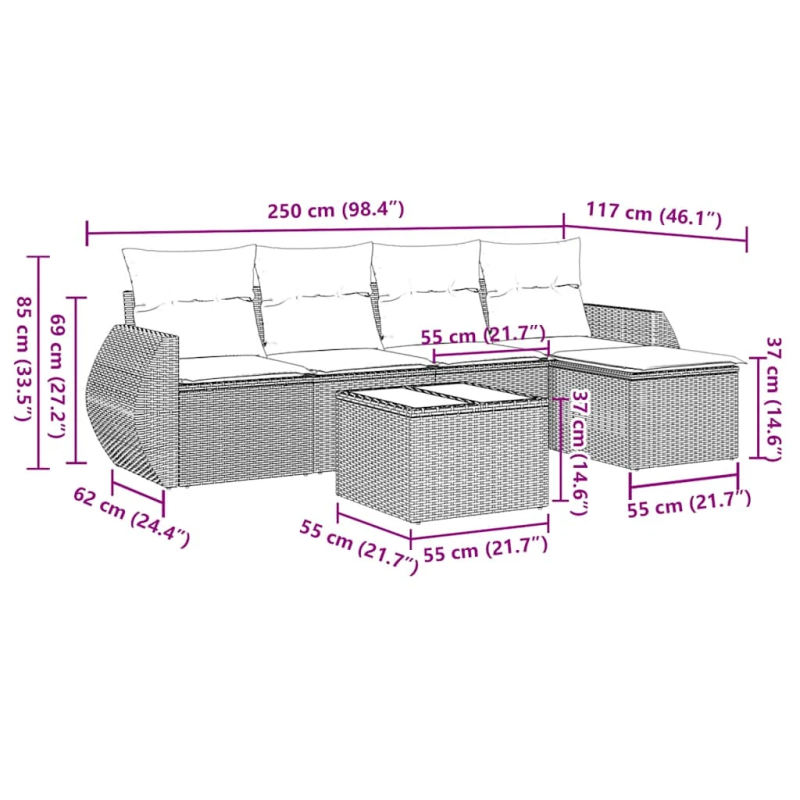 vidaXL 6-daļīgs dārza dīvānu komplekts,matrači, gaiši pelēka PE pinums