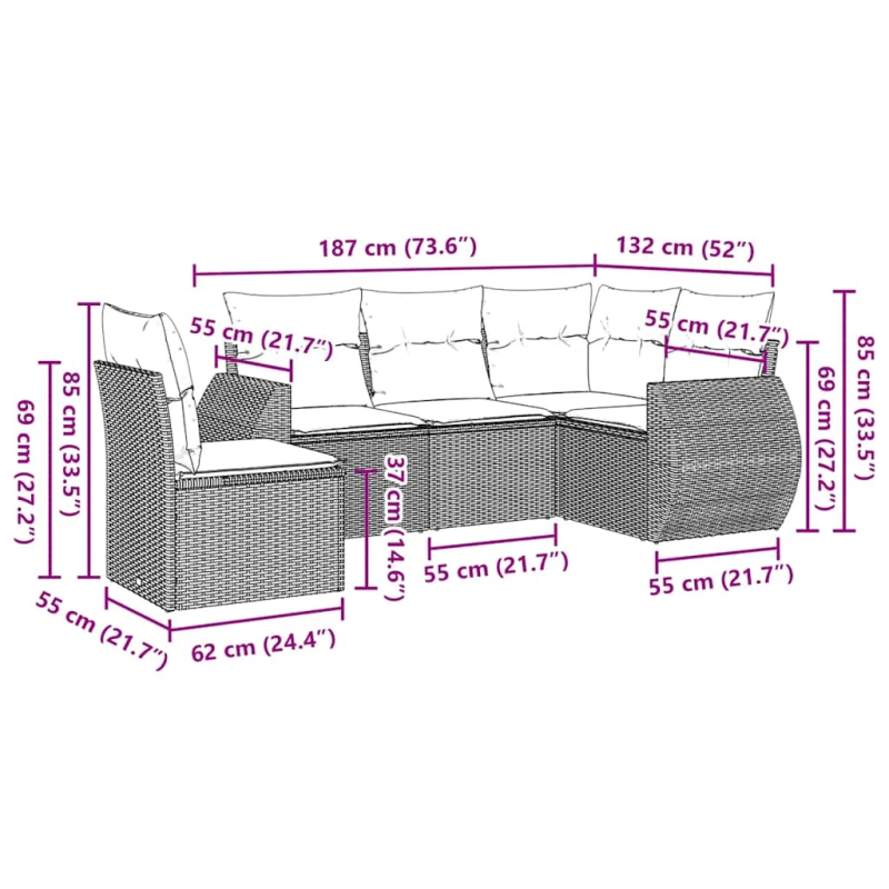 vidaXL 5-daļīgs dārza dīvāna komplekts ar matračiem, PE rotangpalma