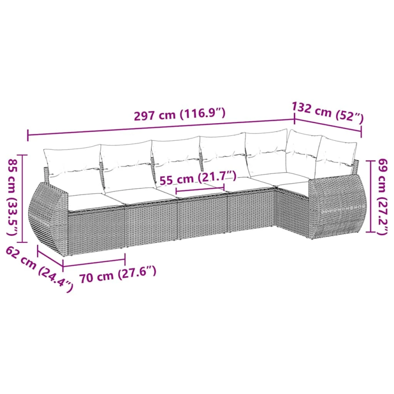 vidaXL 6-daļīgs dārza dīvāna komplekts, matrači, melna PE rotanpalma