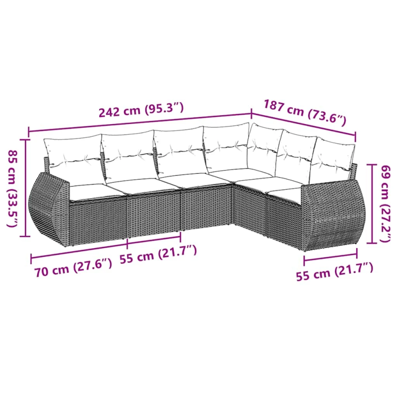 vidaXL 6-daļīgs dārza dīvāna komplekts, matrači, melna PE rotanpalma