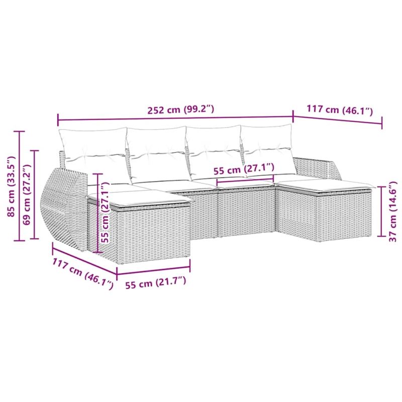 vidaXL 6-daļīgs dārza dīvāna komplekts, matrači, melna PE rotanpalma