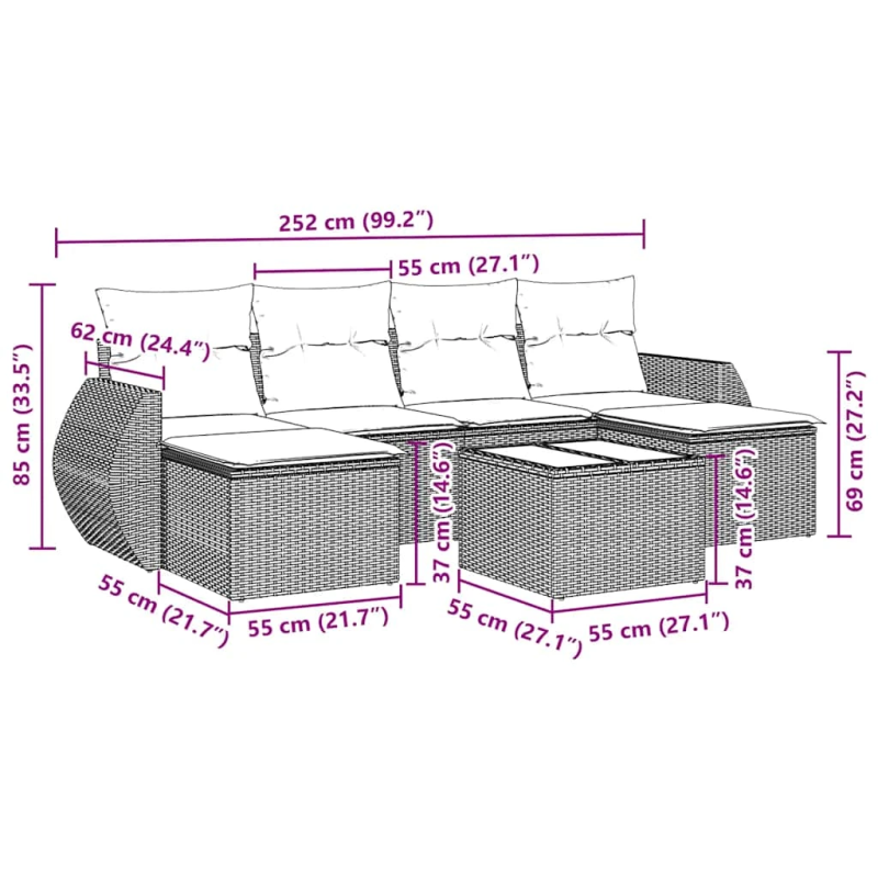 vidaXL 7-daļīgs dārza dīvāna komplekts ar matračiem, melna PE