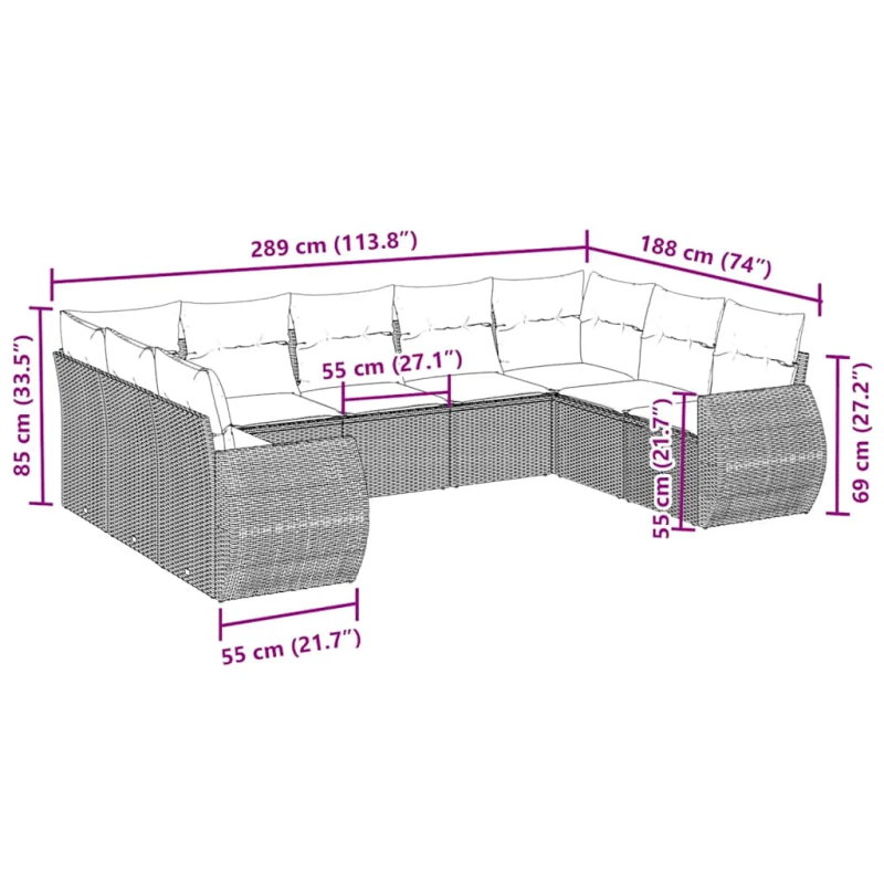 vidaXL 9-daļīgs dārza dīvāna komplekts, matrači, melna PE rotangpalma