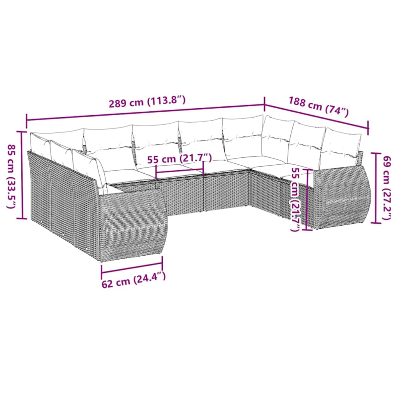 vidaXL 9-daļīgs dārza dīvāna komplekts,matrači, gaiši pelēka PE pinums