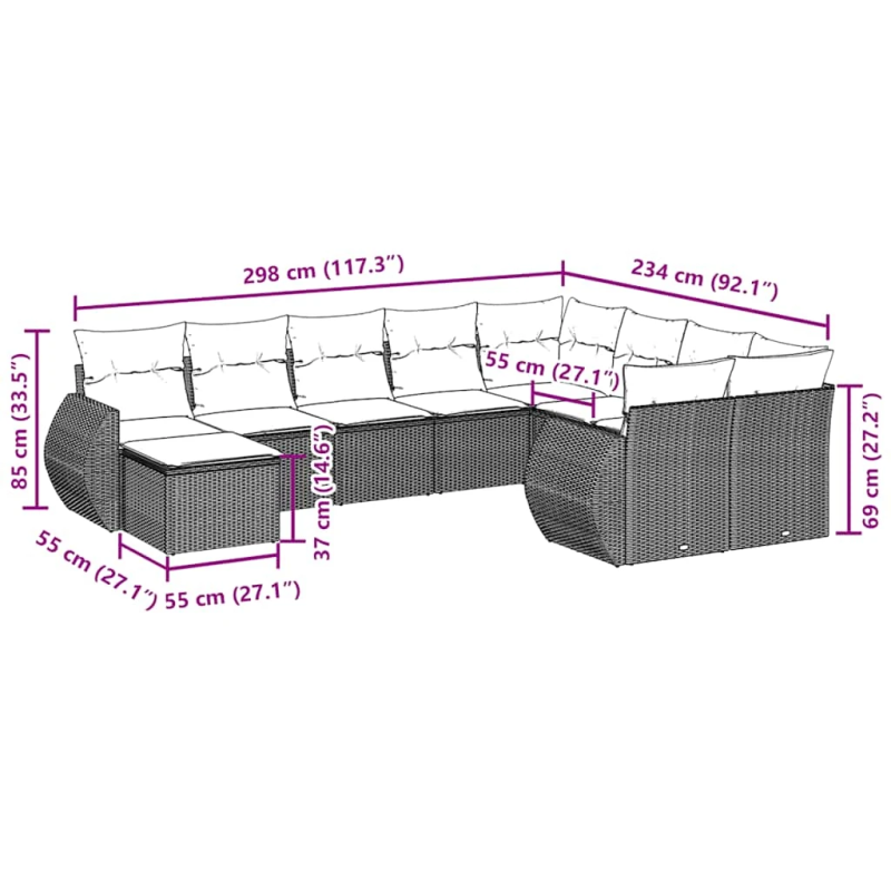vidaXL 10-daļīgs dārza dīvāna komplekts, matrači, melna PE rotangpalma